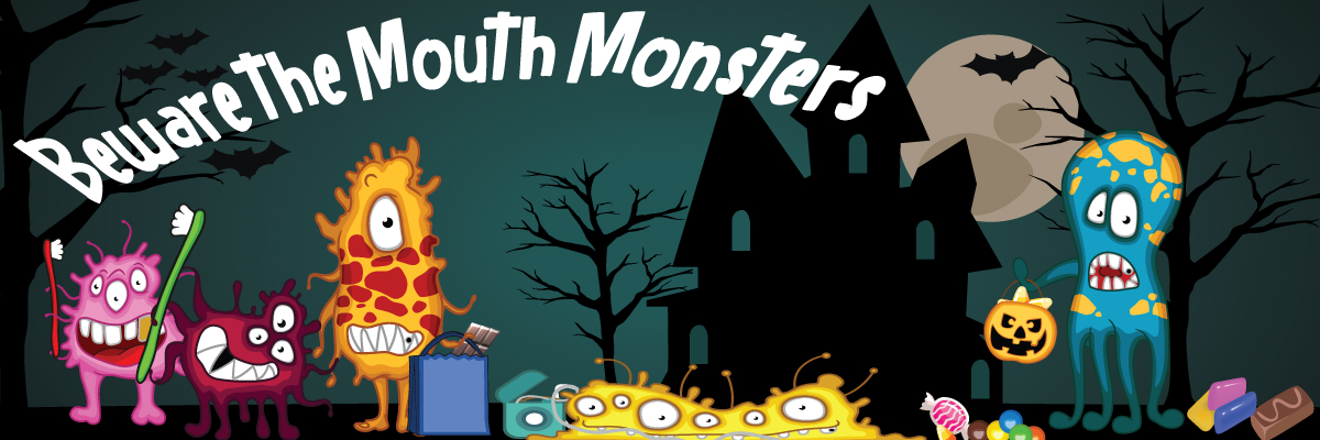 Colorfully illustrated scary monster germs standing on a dark night under a full moon in front of a scary old house and trees with no leaves. Each of the germs holds something: one with a trick-or-treat bag, one with a jack-o-lantern bucket, two hold toothbrushes, and one holds a roll of dental floss. Various types of candy are scattered on the ground. Bold text across the illustration reads, “Beware the Mouth Monsters.”