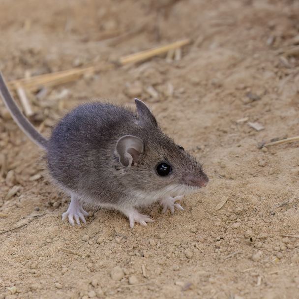 Deer mouse in the open Deer mouse crouched in the open dirt.