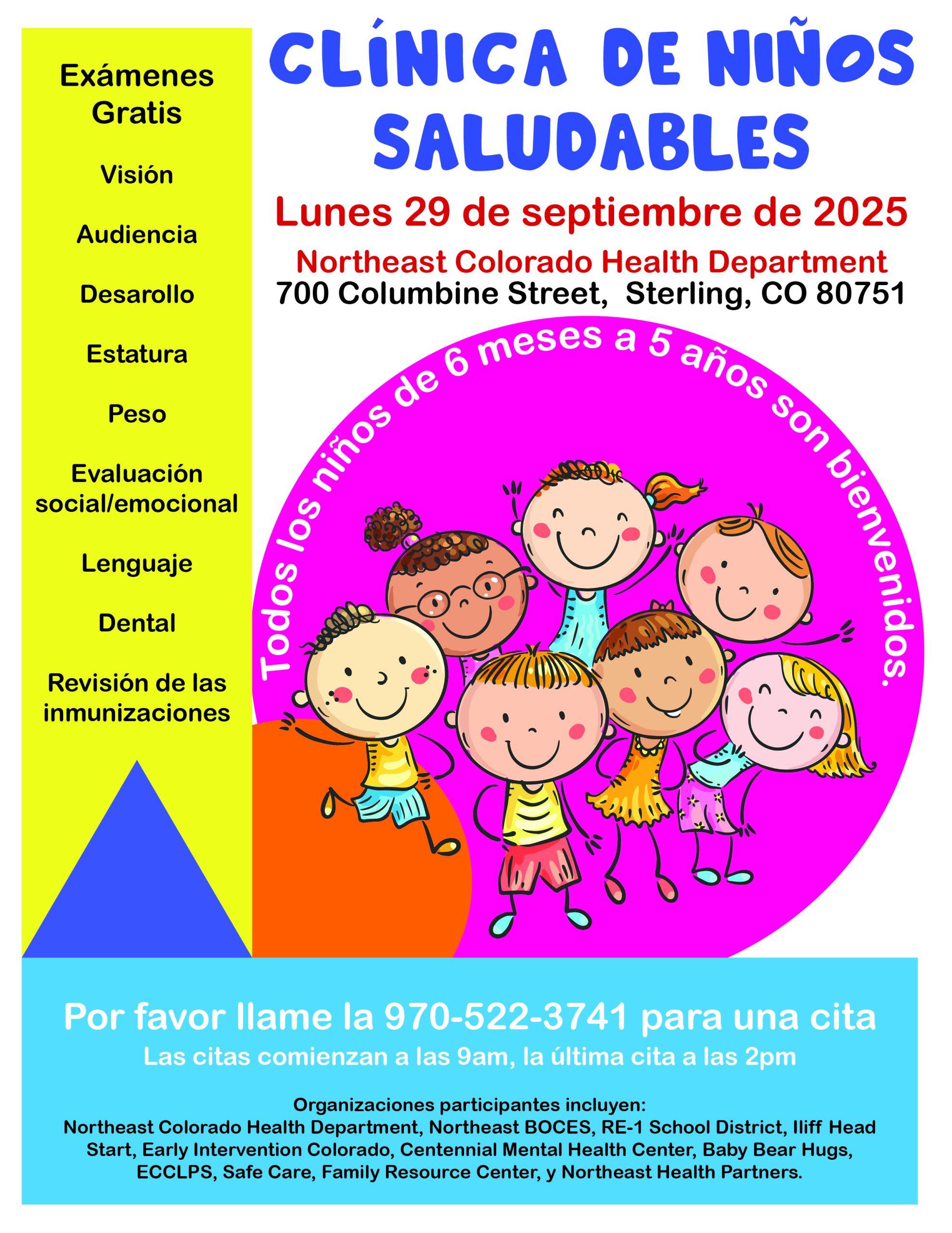 SP_NEW LOGAN HCC flyer design 20252 Colorful flyer in Spanish advertising the Healthy Child Clinic in Sterling, CO on Monday, September 29, 2025, at the Northeast Colorado Health Department offices at 700 Columbine St, Sterling, CO 80751.