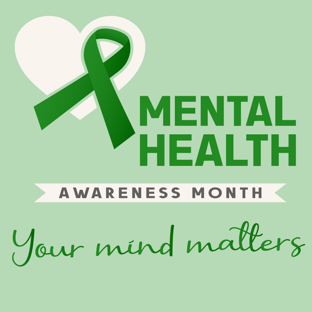 Mental Health Awareness Month concept: light green background with a green awareness ribbon situated within an off-white heart. Script across the image reads, "Your mind matters."